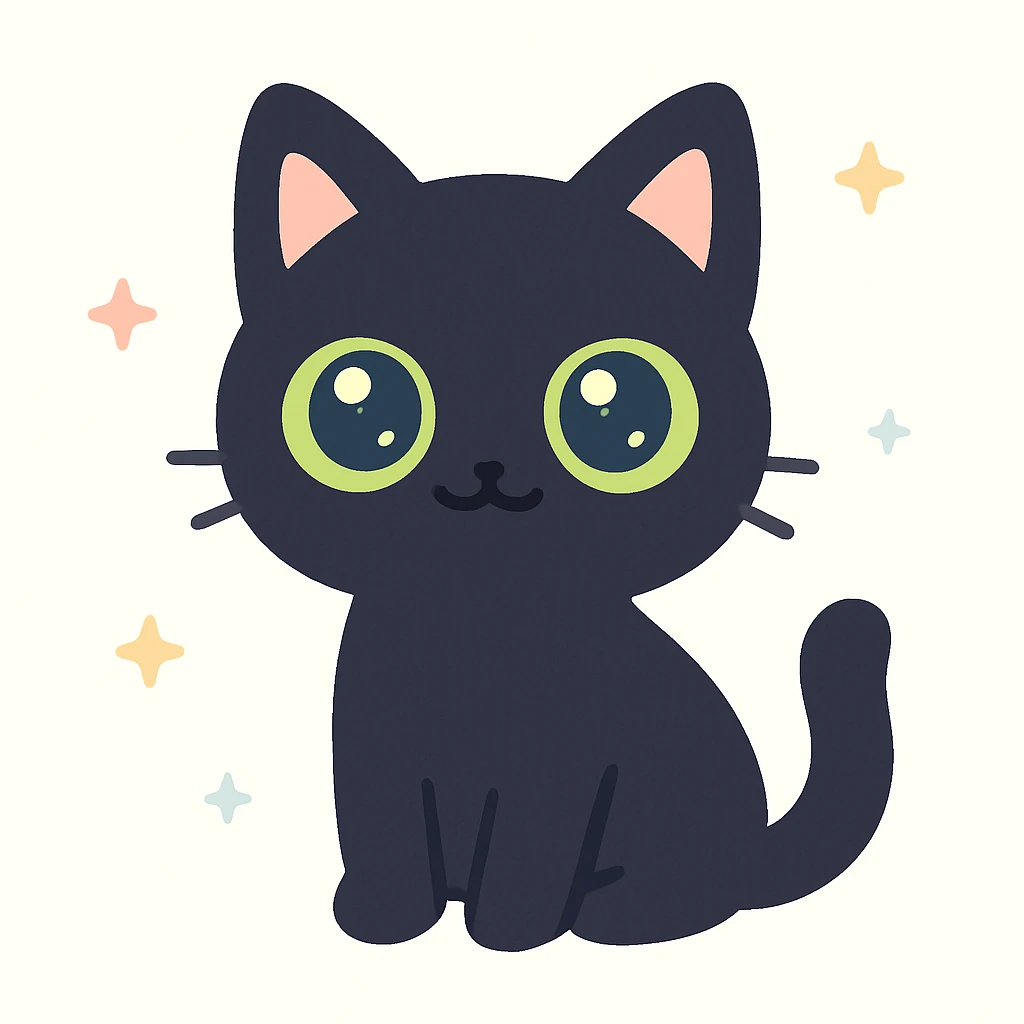 a single all-black cat with green eyes, stylized and cute emoji