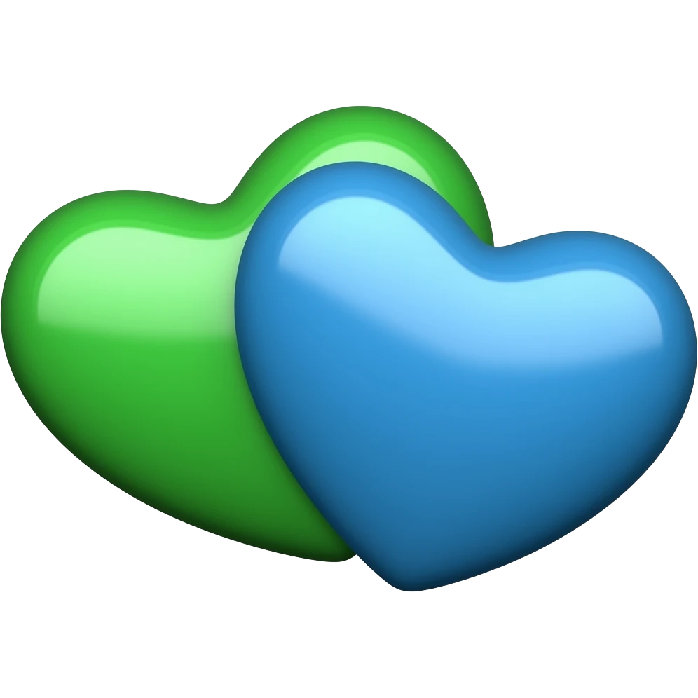 dos corazones juntos, uno verde y uno azul en estilo minimalista formato png sin fondo estilo notion emoji