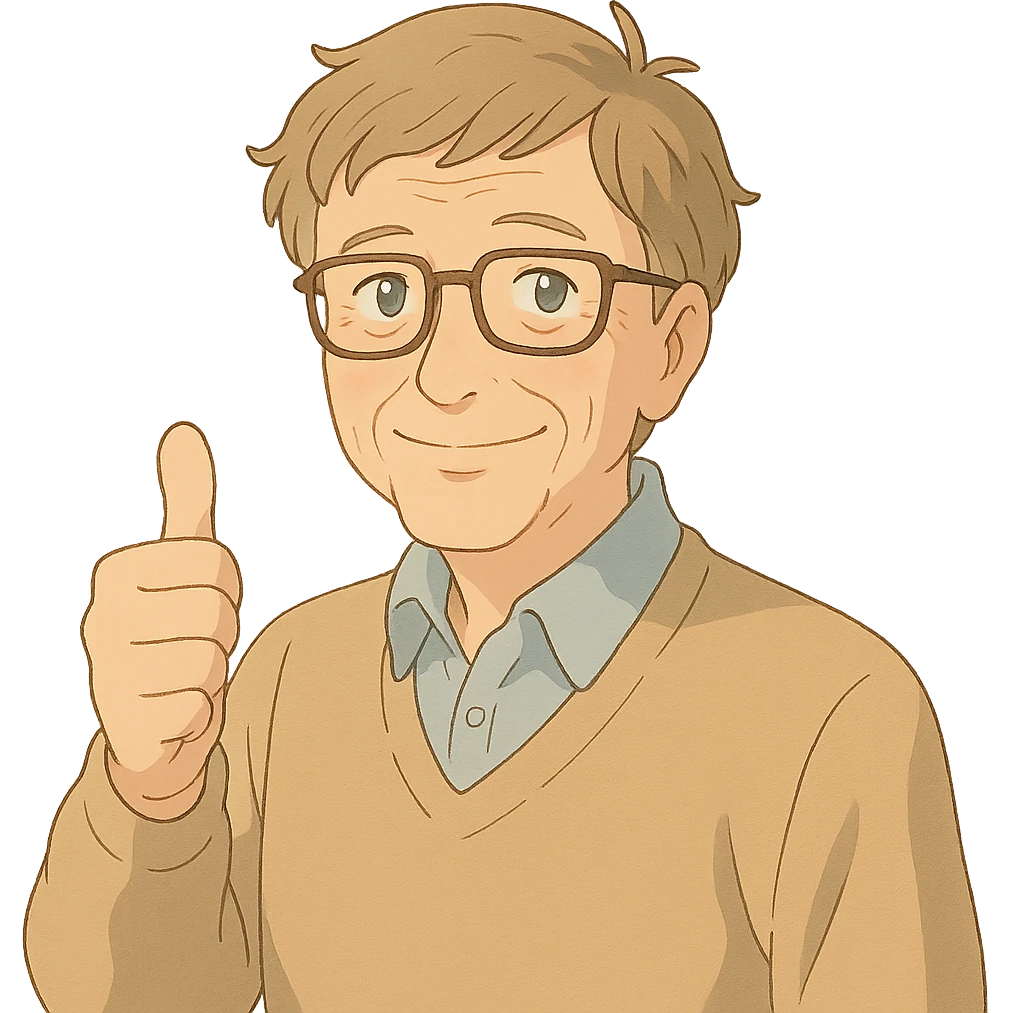 Bill Gates giving a thumbs up, warm and inviting, soft colors, ghibli style emoji