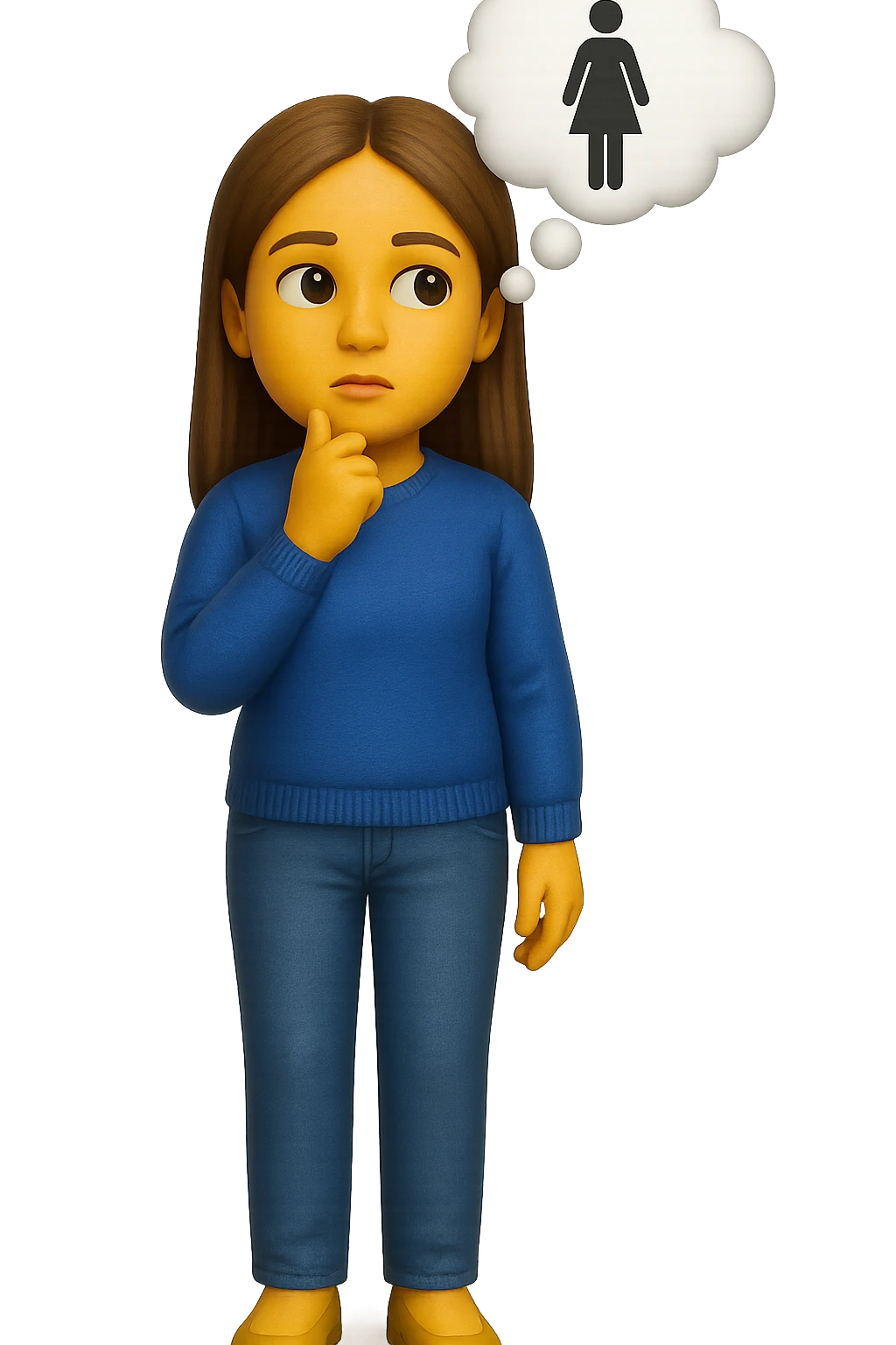 emoji stile iphone di una donna con nuvoletta di pensiero con all'interno la toilet per donne, falla a corpo intero, iperrealistico 4k emoji