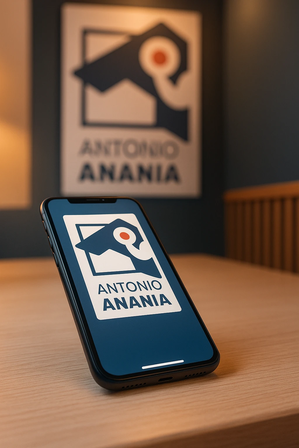 A photo of an iPhone on the desk with the logo of "Antonio Anania" on its screen, The phone sits atop a desk with a blurred with the logo in the background that suggests work environment. A faint glow from above casts gentle shadows across the surface of each object, creating depth and highlighting their textures emoji