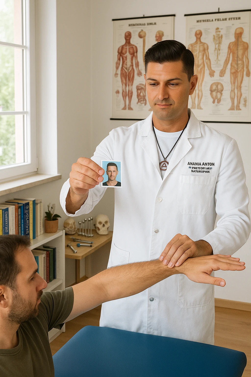 a middle-aged man, dressed in casual professional attire, is in a bright, organized therapy studio. Durante una visita di kinesiologia, il ragazzo tiene con una mano la foto di una persona lontana (il “testimone”) tiene la foto in mano, mentre con l’altra mano esegue un test muscolare su un cliente presente senza foto. Sullo sfondo si vedono libri di kinesiologia, poster anatomici e strumenti tipici della disciplina. L’atmosfera è concentrata e serena, con luce naturale che entra dalla finestra, sottolineando l’aspetto alternativo e umano della pratica. emoji