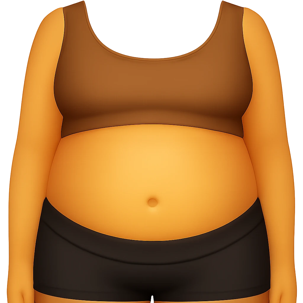 Edit the image to show a close-up of a woman's stomach, adding a sports bra and shorts in emoji style. Remove the background. The style should resemble emoji style with simple and concise features. emoji