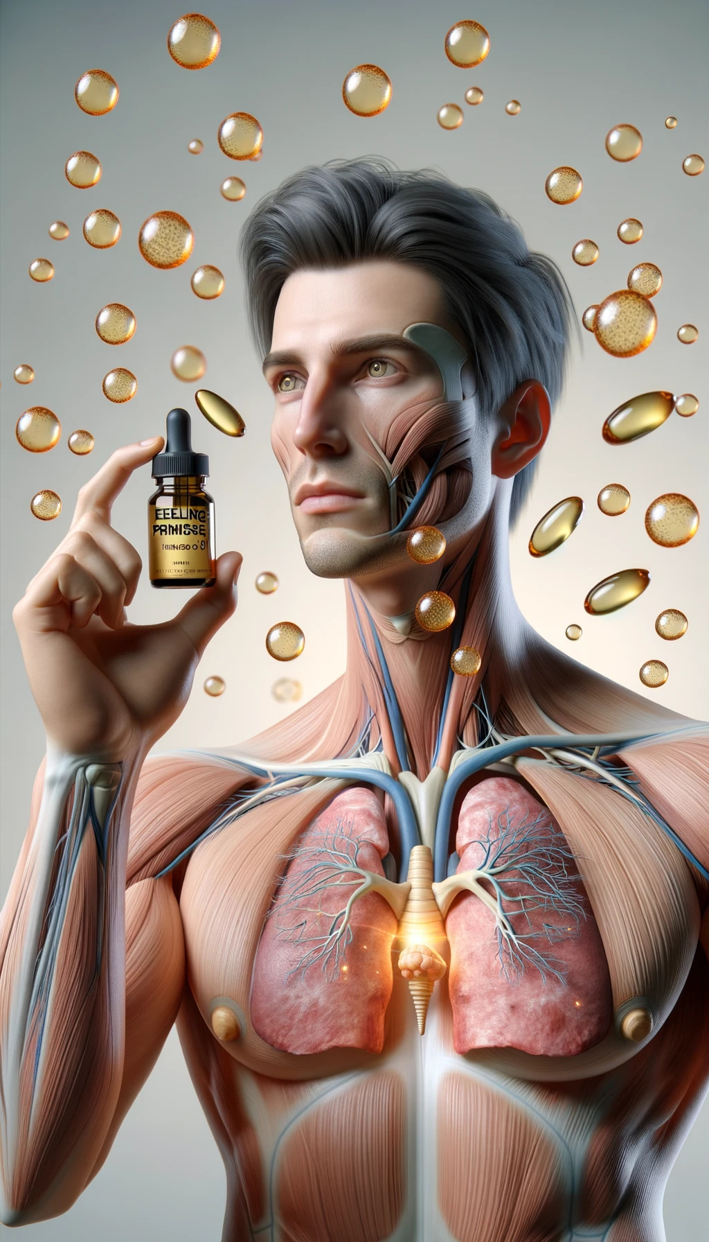 corpo umano anatomico tiene in mano l'olio di enotera, intorno a lui fluttuano particelle di ormoni umani, sfondo neutro chiaro, iperrealistico 4k emoji