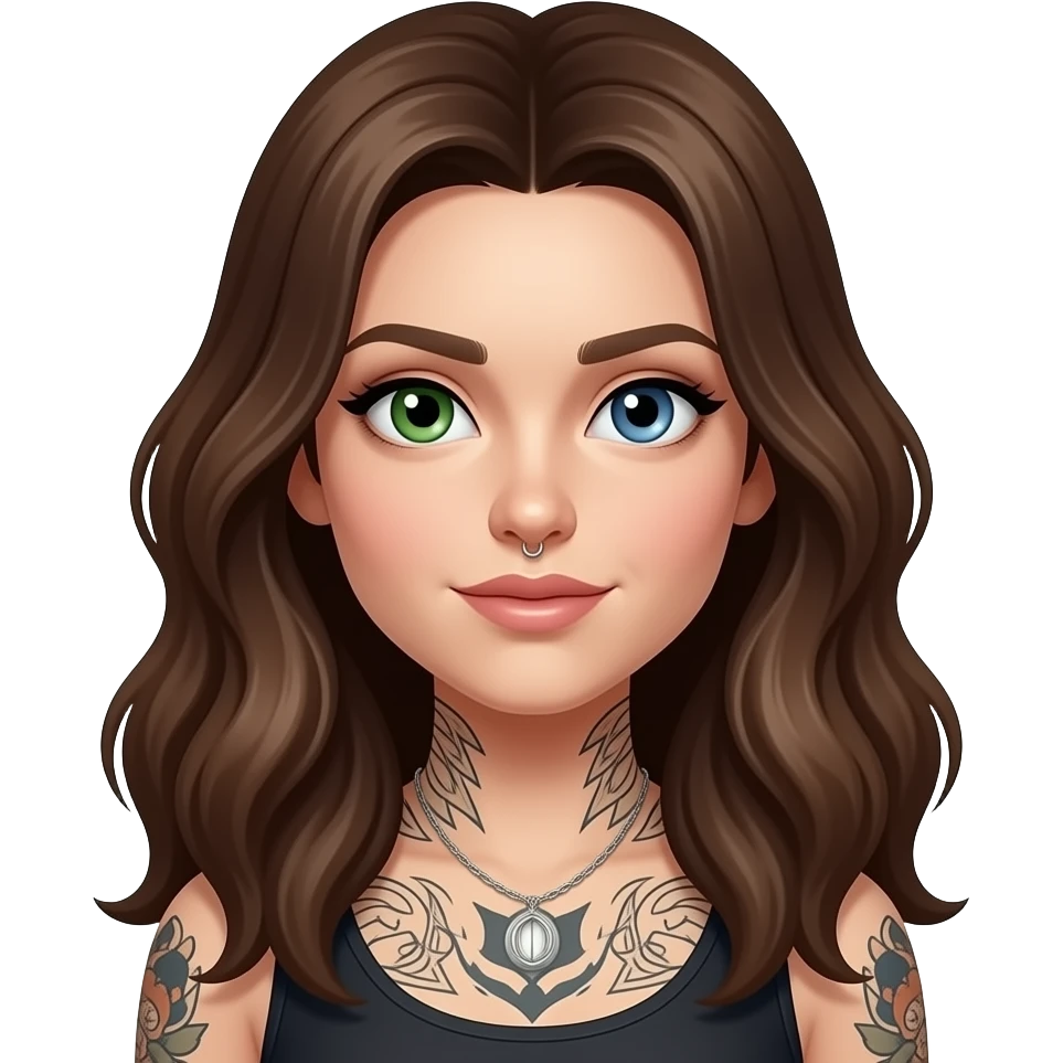 white long wavy haired brunette woman with one green eye one blue eye tattoos a philtrum piercing and a thin streak of grey hair emoji
