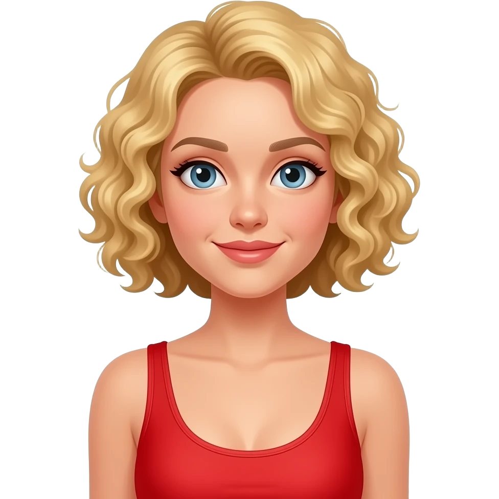 blonde tight curly hair in a short bob in summer day in a red swimsuit emoji
