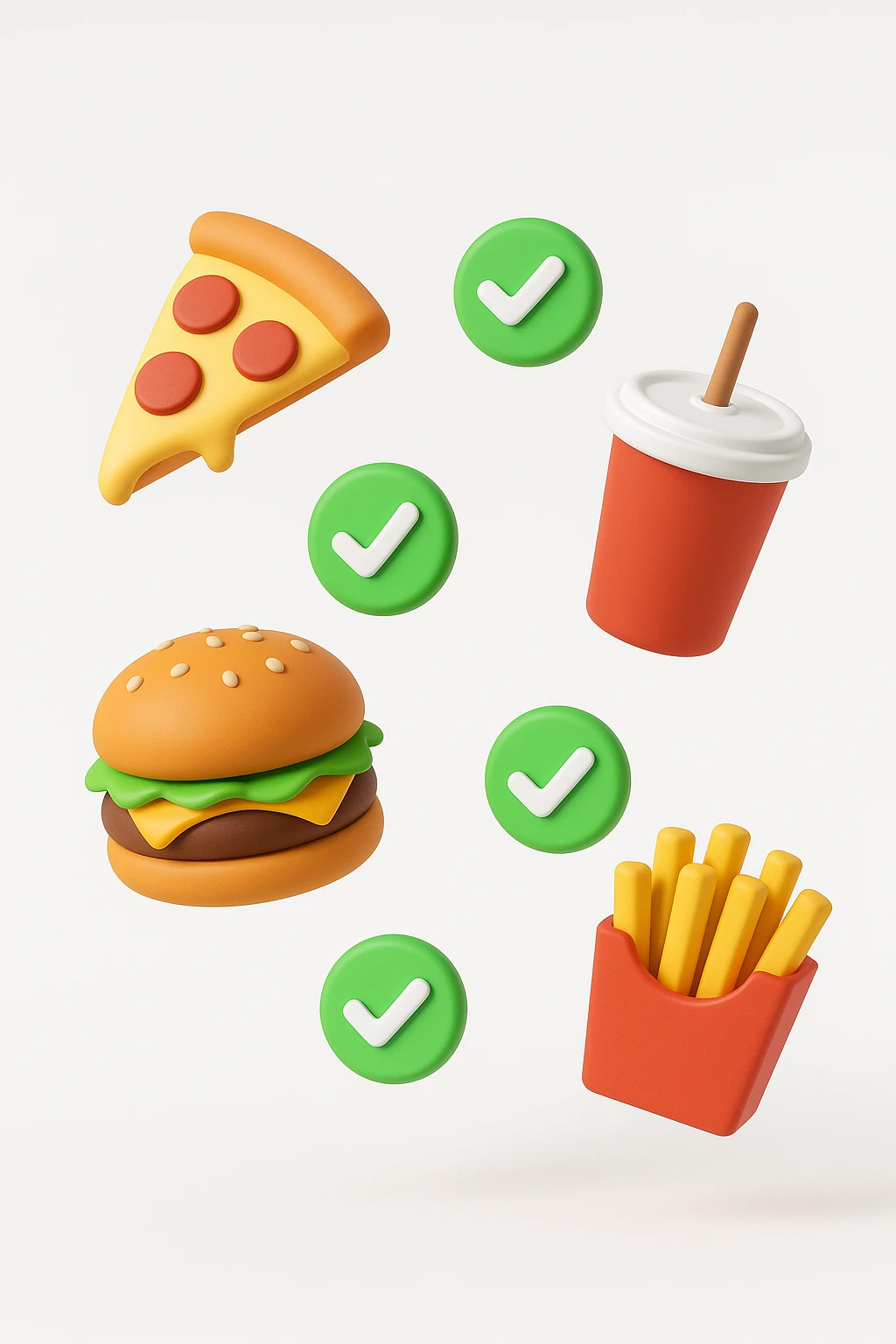 fast food fluttua in aria insieme a spunte di verificato in 3d, sfondo bianco emoji