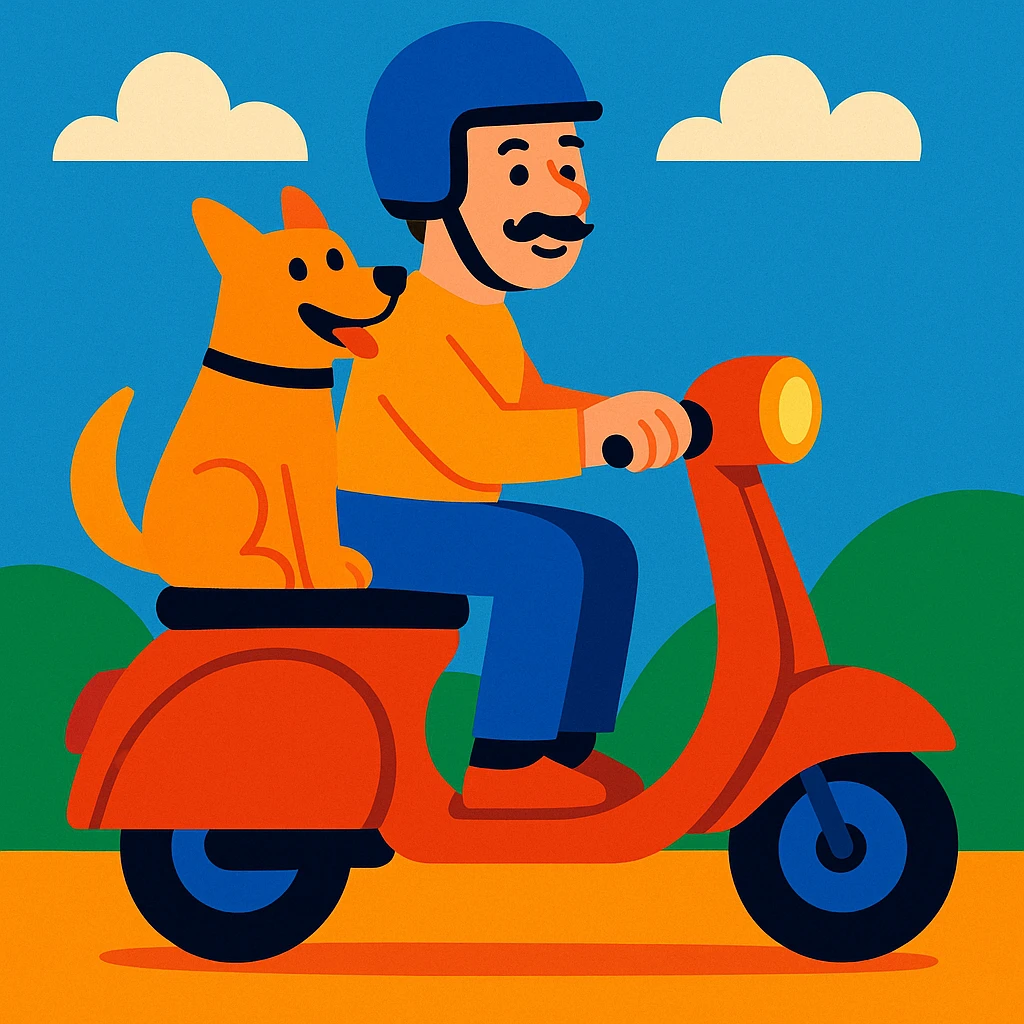 man and his pet dog riding a vespa emoji