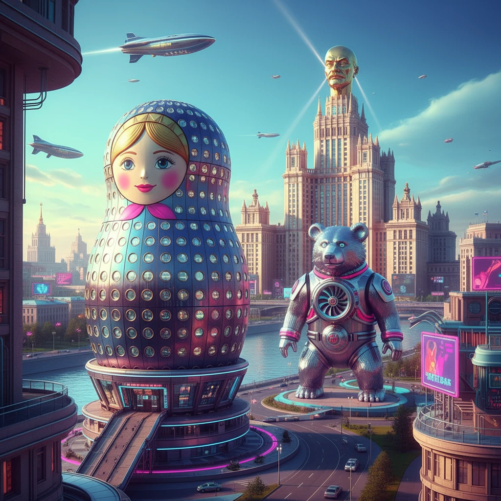 Москва в стиле Atomic Heart в светлых ярких цветах и тонах. Должны быть 2-3 яркие детали, которые выглядят крайне необычно и футуристично, альтернативный ретро киберпанк. Ими могут быть небоскреб-матрешка, огромная фигура медведя и что-то еще. например, Дворец Советов с Лениным. emoji