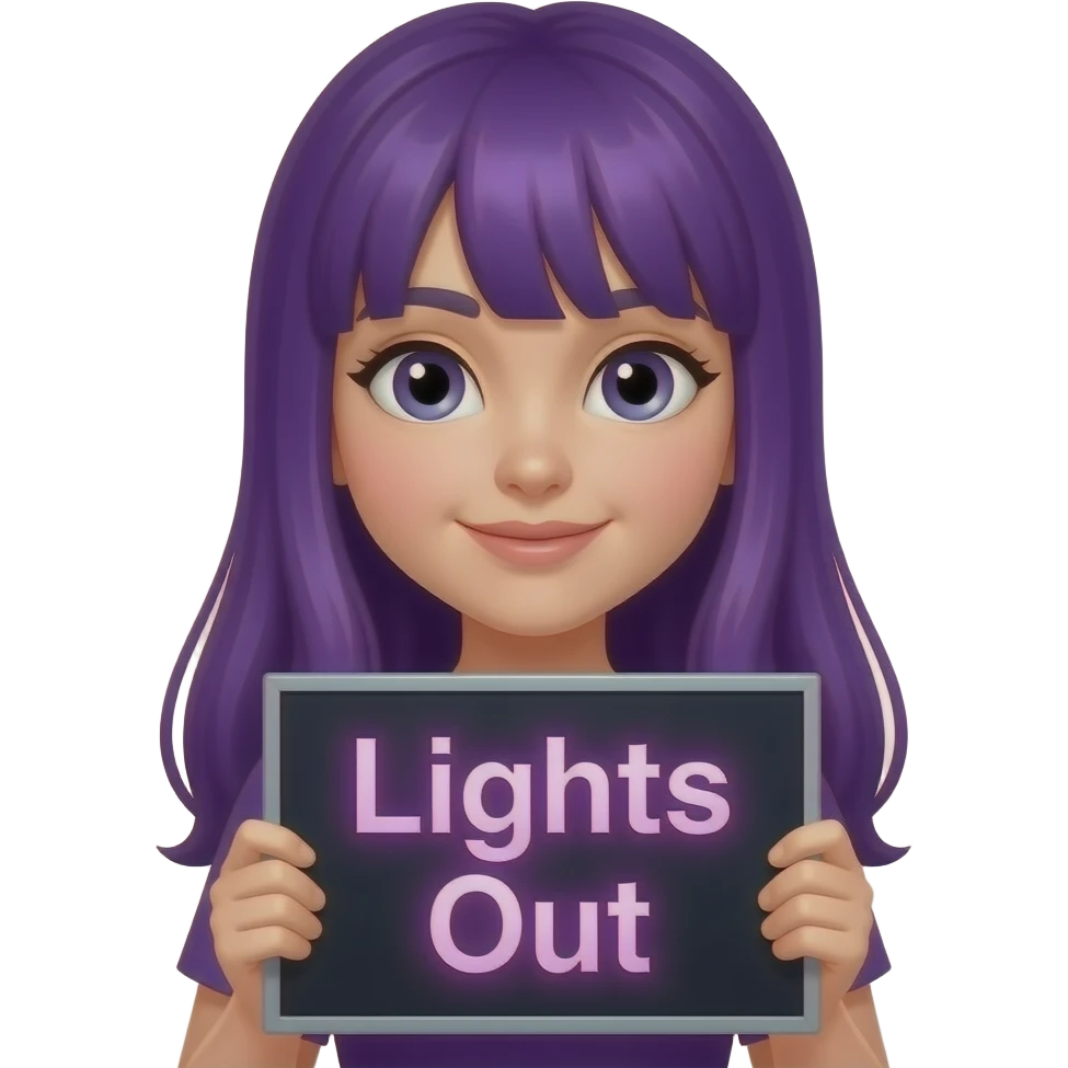 girl with long purple hair with a LIGHTS OUT sign emoji