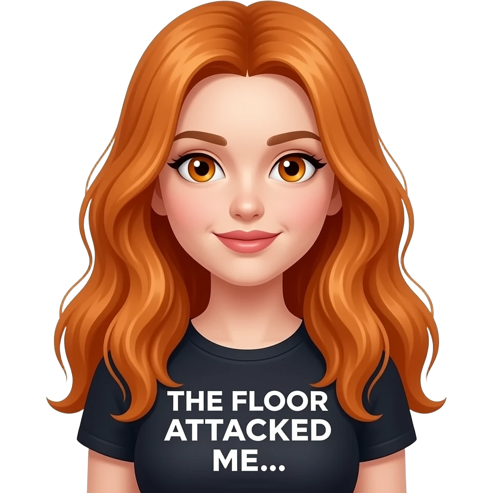 sexy girl with overlong ginger hair and ginger eyes a top with THE FLOOR ATTACKED ME... written on it emoji