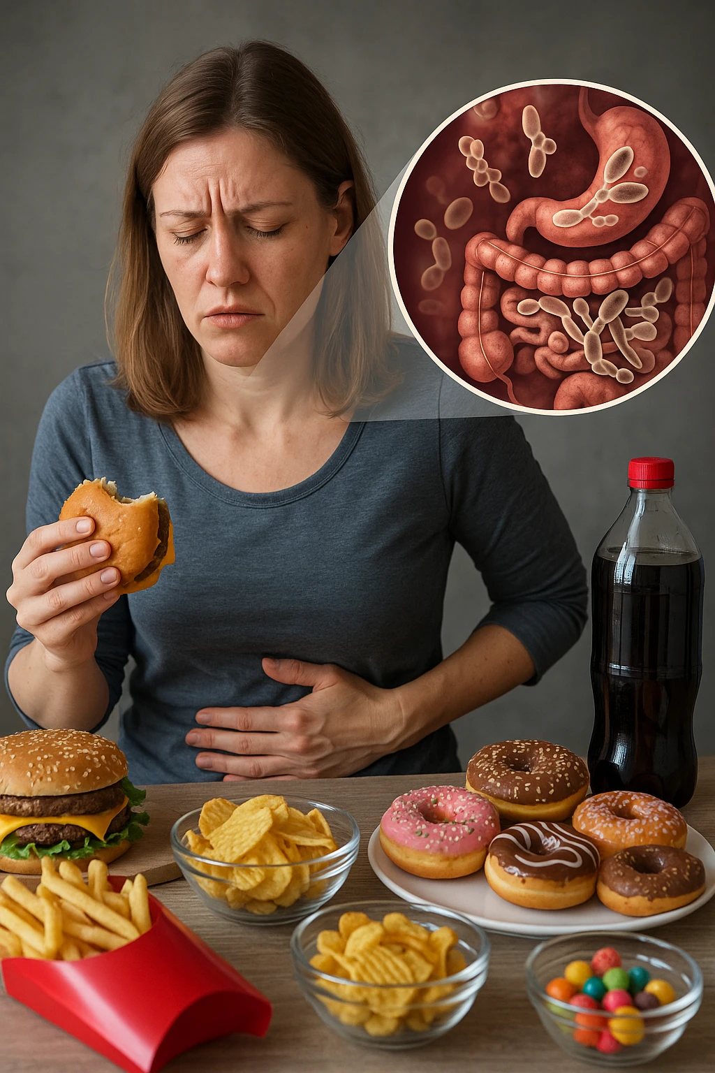 donna con candida intestinale realistic mangia cibo ultraprocessato che fa crescere la candida intestinale emoji