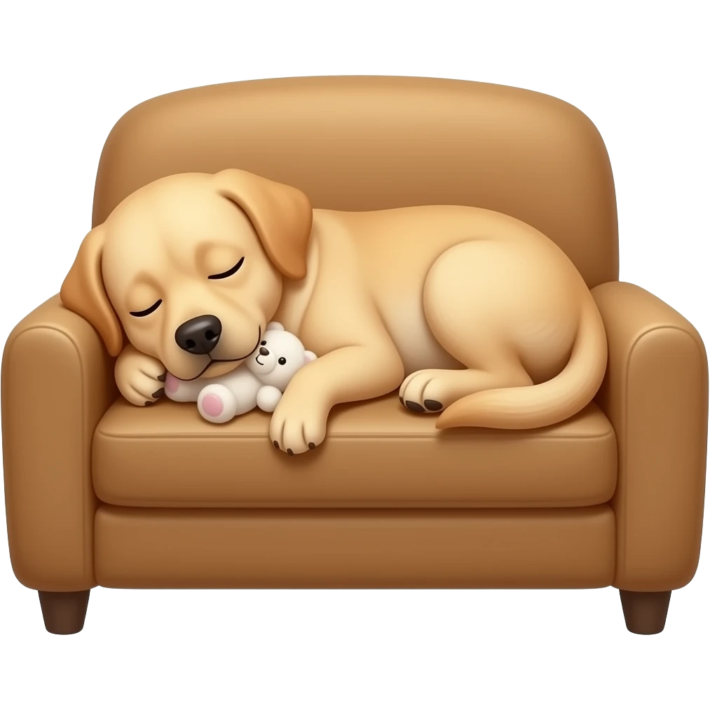 labrador sleeping in a sofa with a furry toy emoji