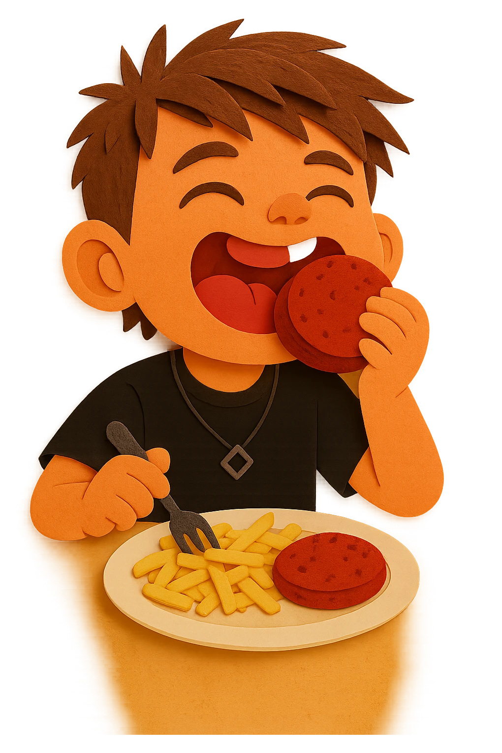 The same boy is now greedily chewing the meat patty, clearly enjoying it emoji