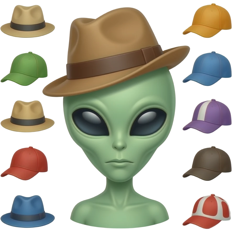 1 alien wearing 15 different hats emoji