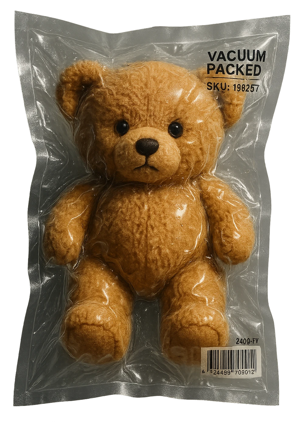 vacuum-sealed teddy bear, compressed in a clear bag emoji