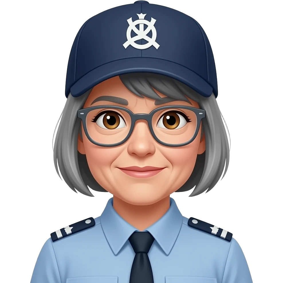 Female, brown eyes, medium gray short hair, gray glasses, wrinkles by mouth, cubs cap and uniform emoji