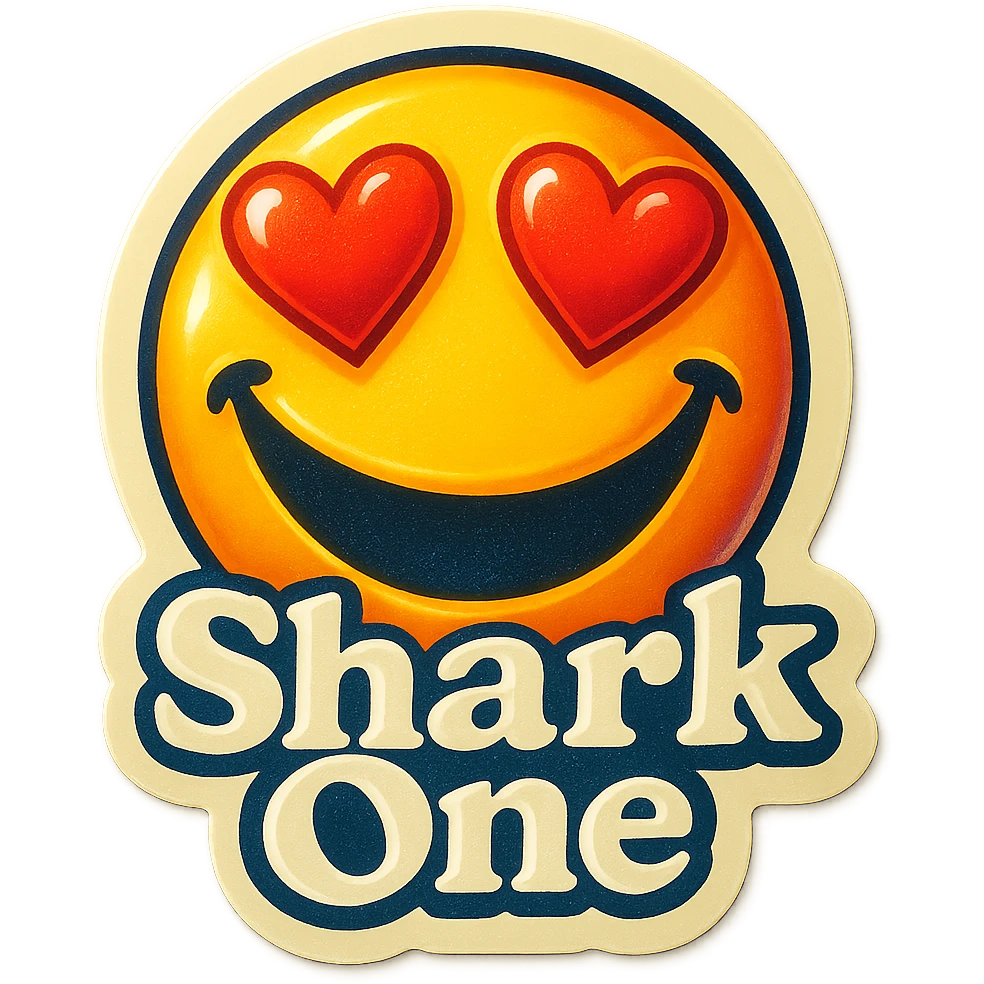 grin
heart shaped eye
add the words “ Shark One " in White emoji