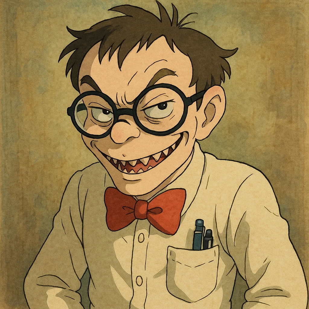 A geeky, sly character with a bowtie, pocket protector, and a wicked smirk, showing both intelligence and a naughty, vicious personality, ghibli style. emoji