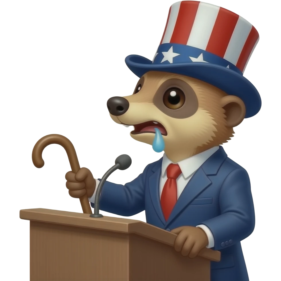 сурикат в образі президента сша з капелюхом в кольори американського прапору, з тростинкою, він стоїть за трибуною та виукує промову, він дуже емоційний та стоїть напівобертом emoji