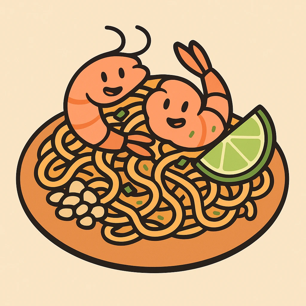pad thai, flat icon, simple, noodles, shrimp, lime wedge, minimal color emoji