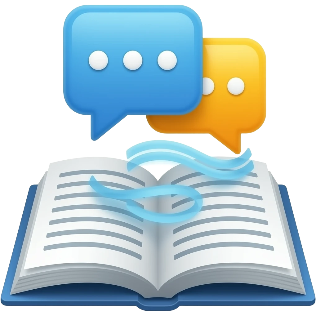 Modern flat icon of open book with speech bubbles and flowing text, natural language processing concept, digital communication, tech style, vibrant colors, clean design. emoji