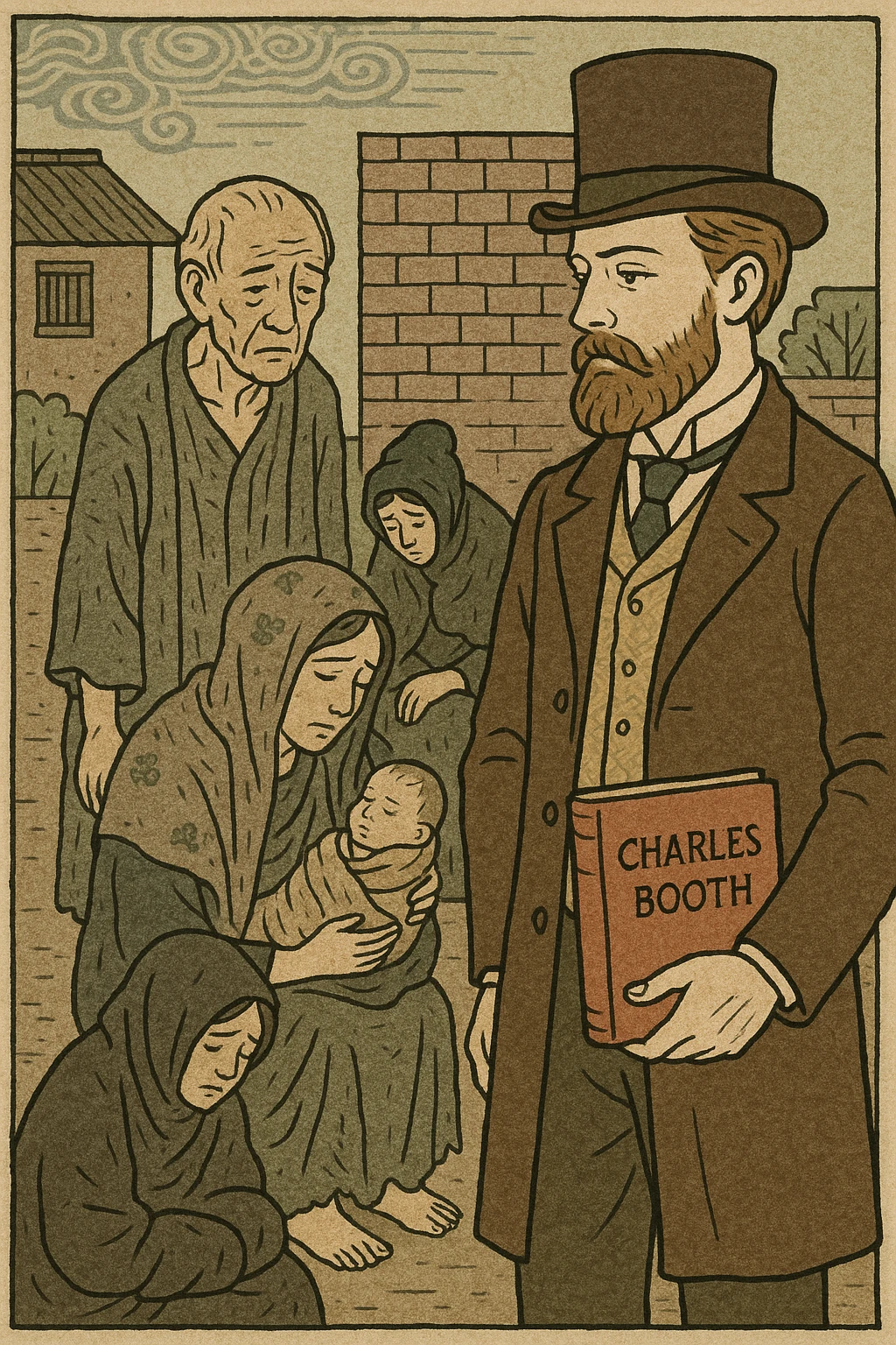 A 1900s victorian man with a beard holding a book with the words Charles Booth while standing in front of people in poverty emoji