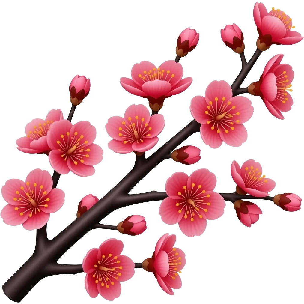 Dark Red color 3D Render iPhone emoji png of red cherry blossom flowers on black branches emoji