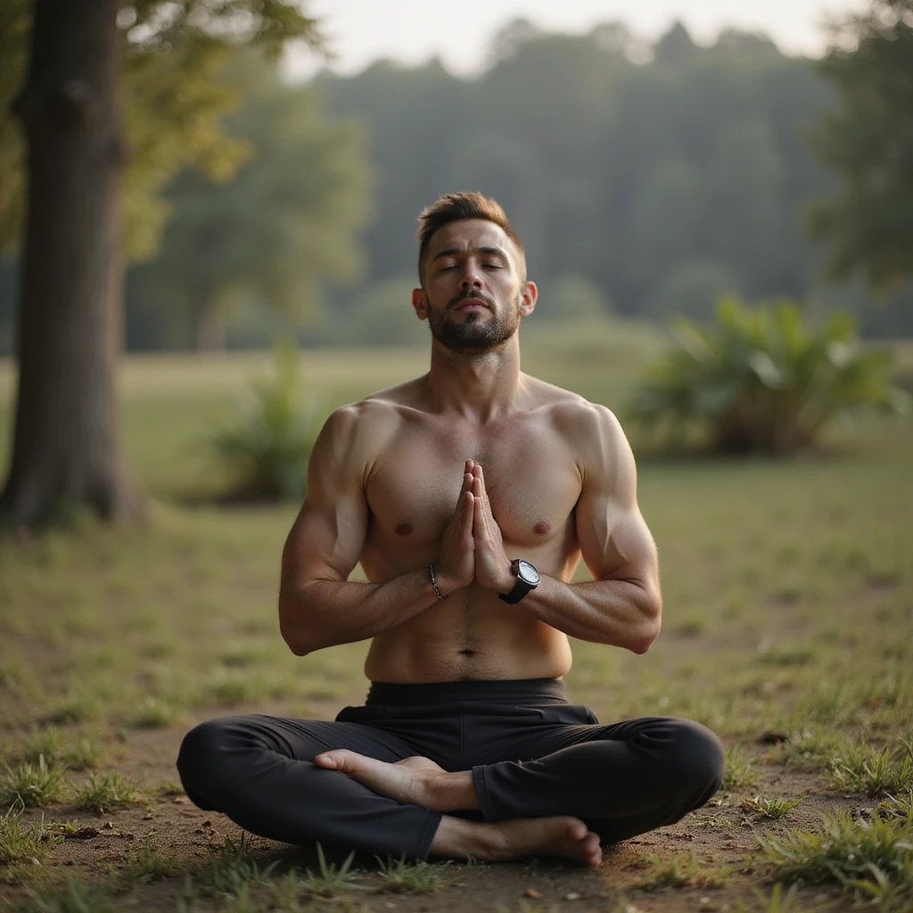 vertical photograph of a man practicing fasting to regenerate the body, serene atmosphere, man meditating in natural environment, soft light, realistic style emoji