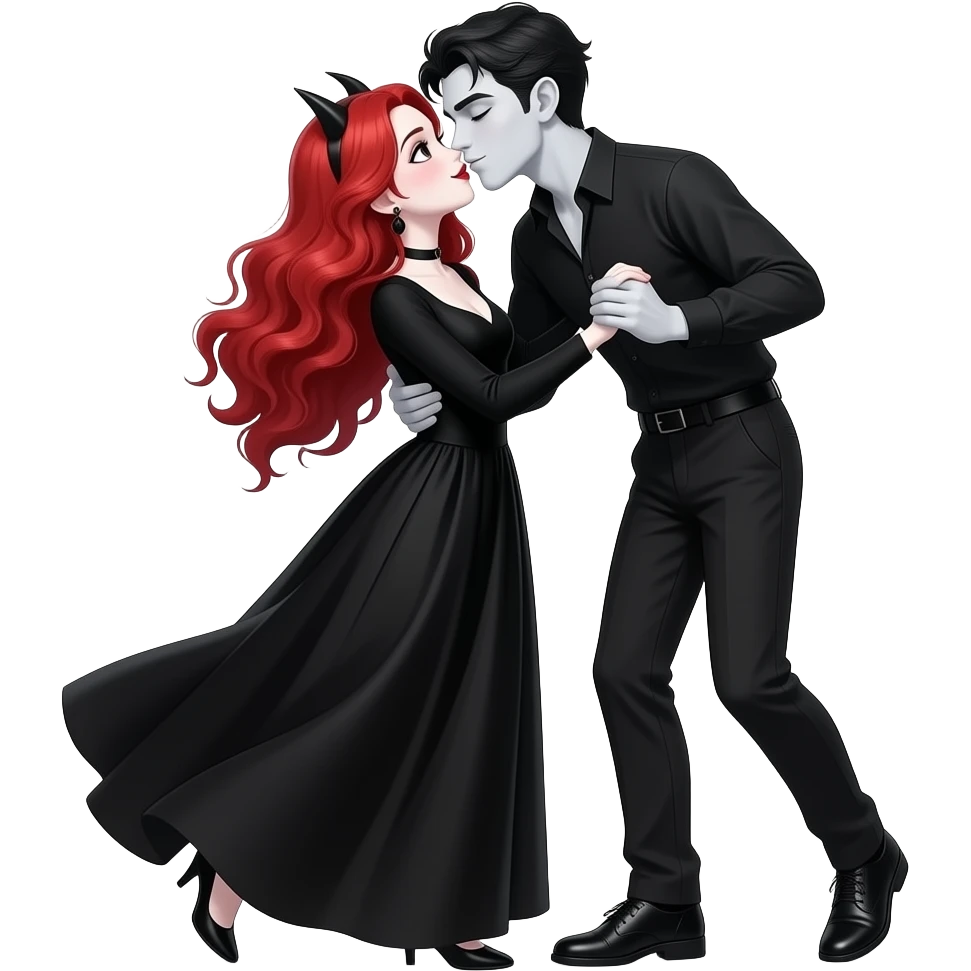 Vampiro femmina ADOLESCENTE con pelle bianca e capelli rosso ondulati lunghi che indossa un vestito nero LUNGO con le maniche lunghe che balla con il suo ragazzo VAMPIRO ADOLESCENTE con la pelle bianca e le scarpe nere e si baciano emoji