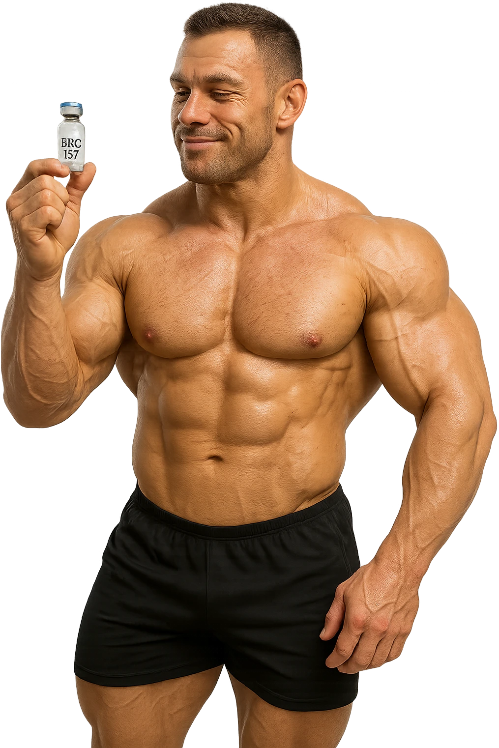 BODYBUILDER A FIGURA INTERA CHE TIENE IN MANO UNA FIALA MEDICA CON la scritta "BPC 157" SULL'ETICHETTA E LA GUARDA SODDISFATTO, iperrealistico 4k emoji