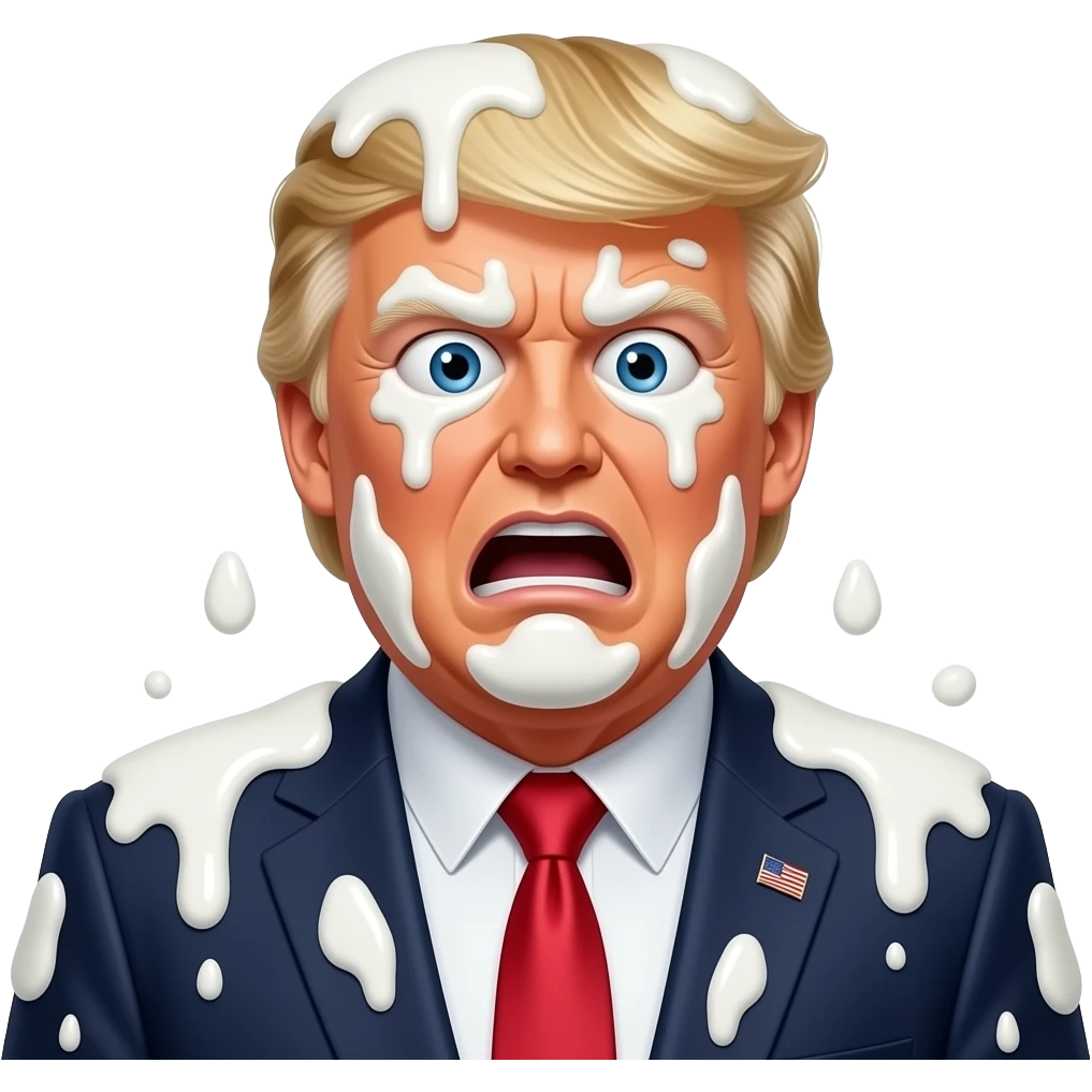 donlad trump body covered in white milk, he is so exaughest, very crazy face, white stuff every where emoji
