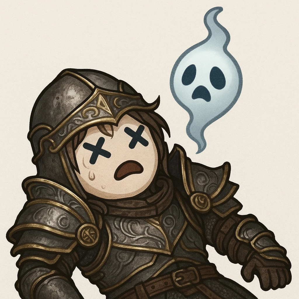 Black Desert Online themed emoji showing a defeated or fainted character, referencing the game's art style, with X eyes or a ghostly spirit rising emoji