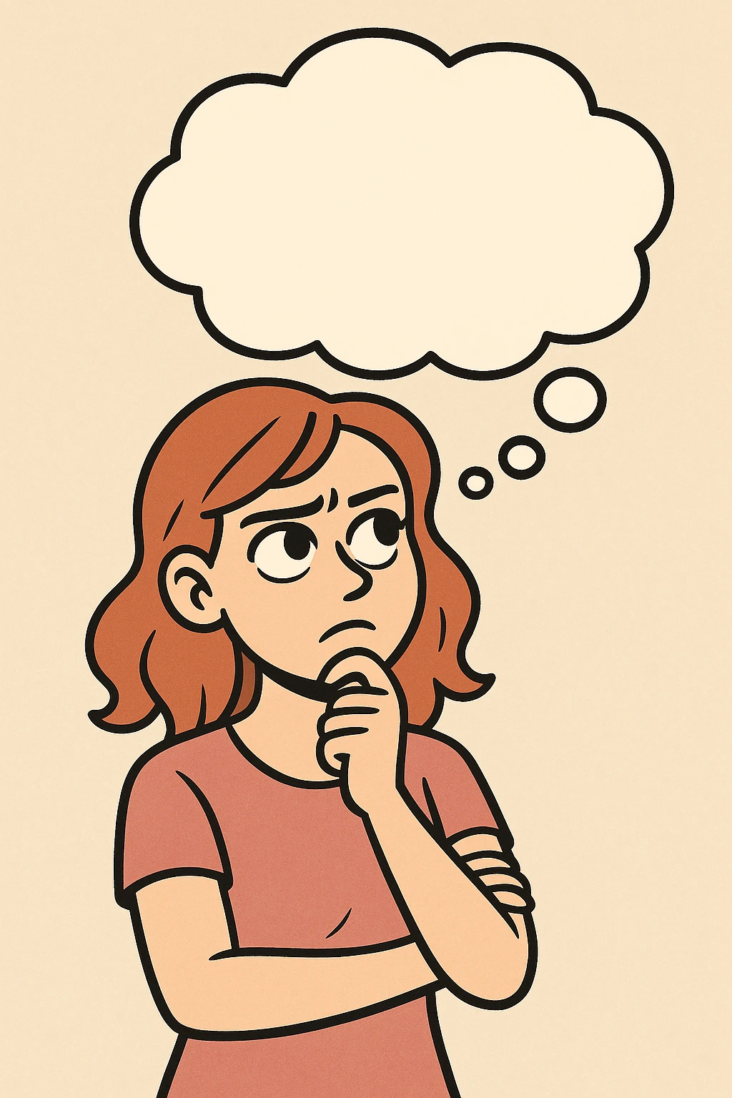woman pondering with a thought bubble above her head, modern cartoon style emoji