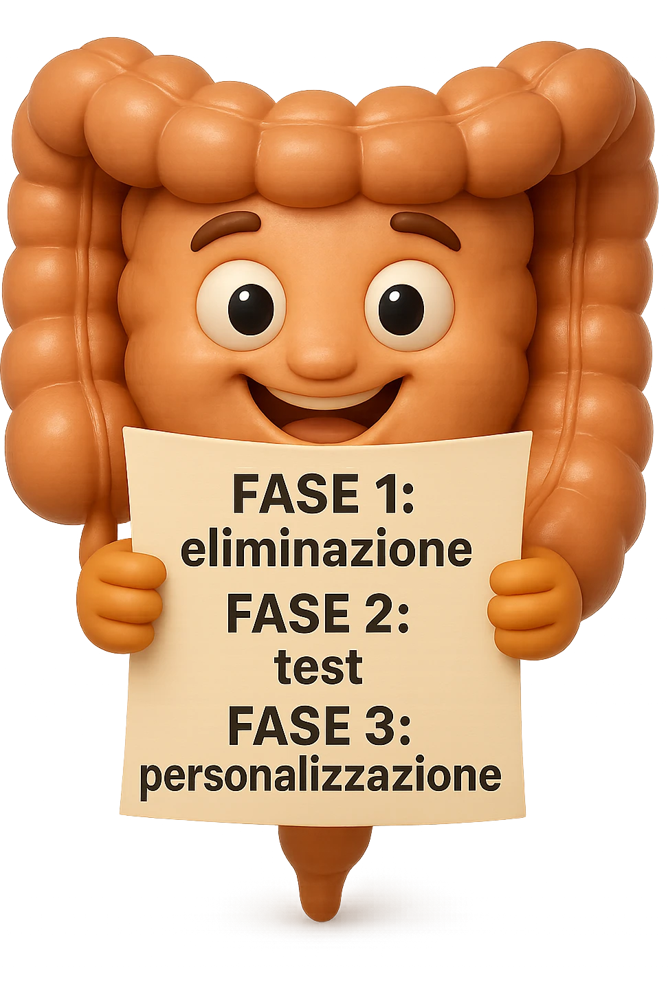 emoji stile iphone 3d di un intestino che tiene in mano un foglio con la scritta "FASE 1: eliminazione, FASE 2: test, FASE 3: personalizzazione, IPERREALISTICO 4K emoji