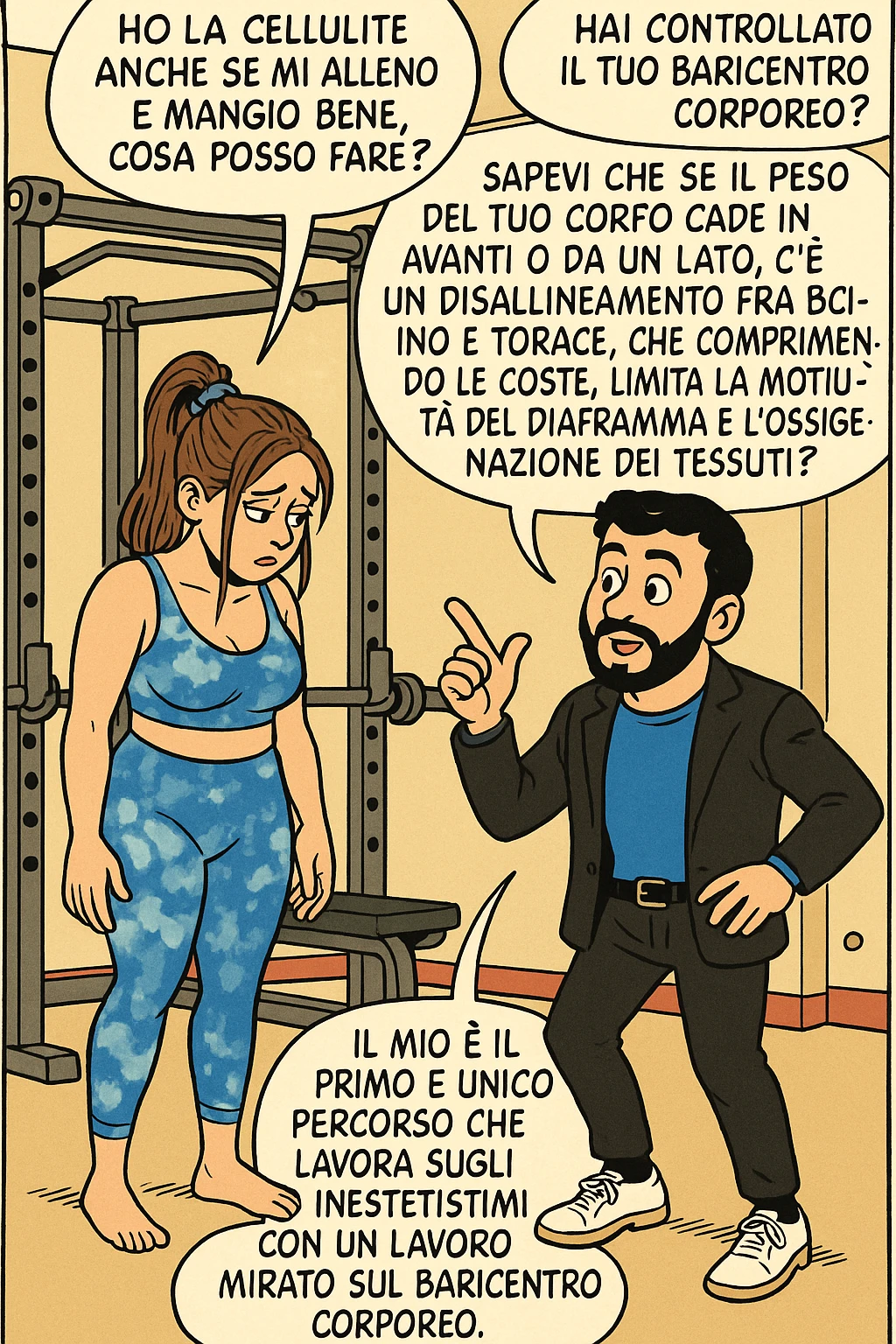 TRASFORMA QUESTO CAROSELLO IN UN FUMETTO STILE FUMETTO TOPOLINO CON QUESTE DUE PERSONE IDENTICHE CHE INTERLOQUISCONO TRA LORO:

LEI: Ho la cellulite anche se mi alleno e mangio bene, cosa posso fare?

LUI: Hai controllato il tuo baricentro corporeo?
LUI: Sapevi che se il peso del tuo corpo cade in avanti o da un lato, c’è un disallineamento fra bacino e torace, che comprimendo le coste, limita la motilità del diaframma e l’ossigenazione dei tessuti?
LUI: Il mio è il primo e unico percorso che lavora sugli inestetismi con un lavoro mirato sul baricentro corporeo. emoji