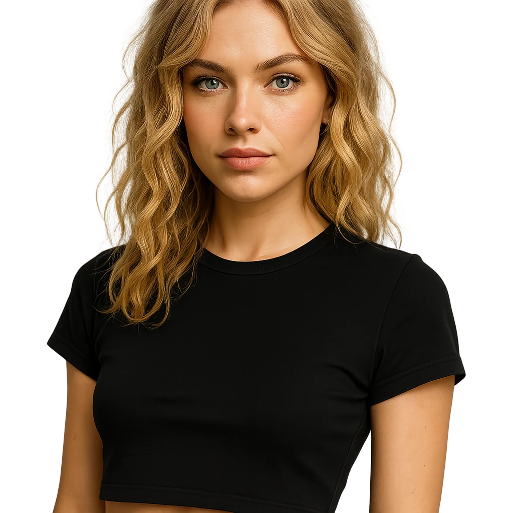 stylish blonde girl with wavy hair, blue eyes, left nose ring, black cropped shirt, confident expression emoji