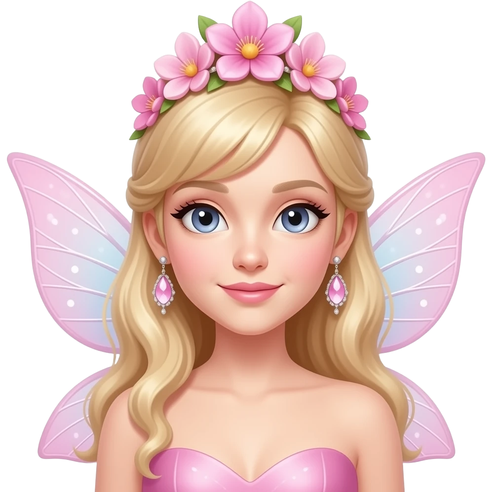 fairy with pink flower tiara and big wings and big shiny earrings emoji