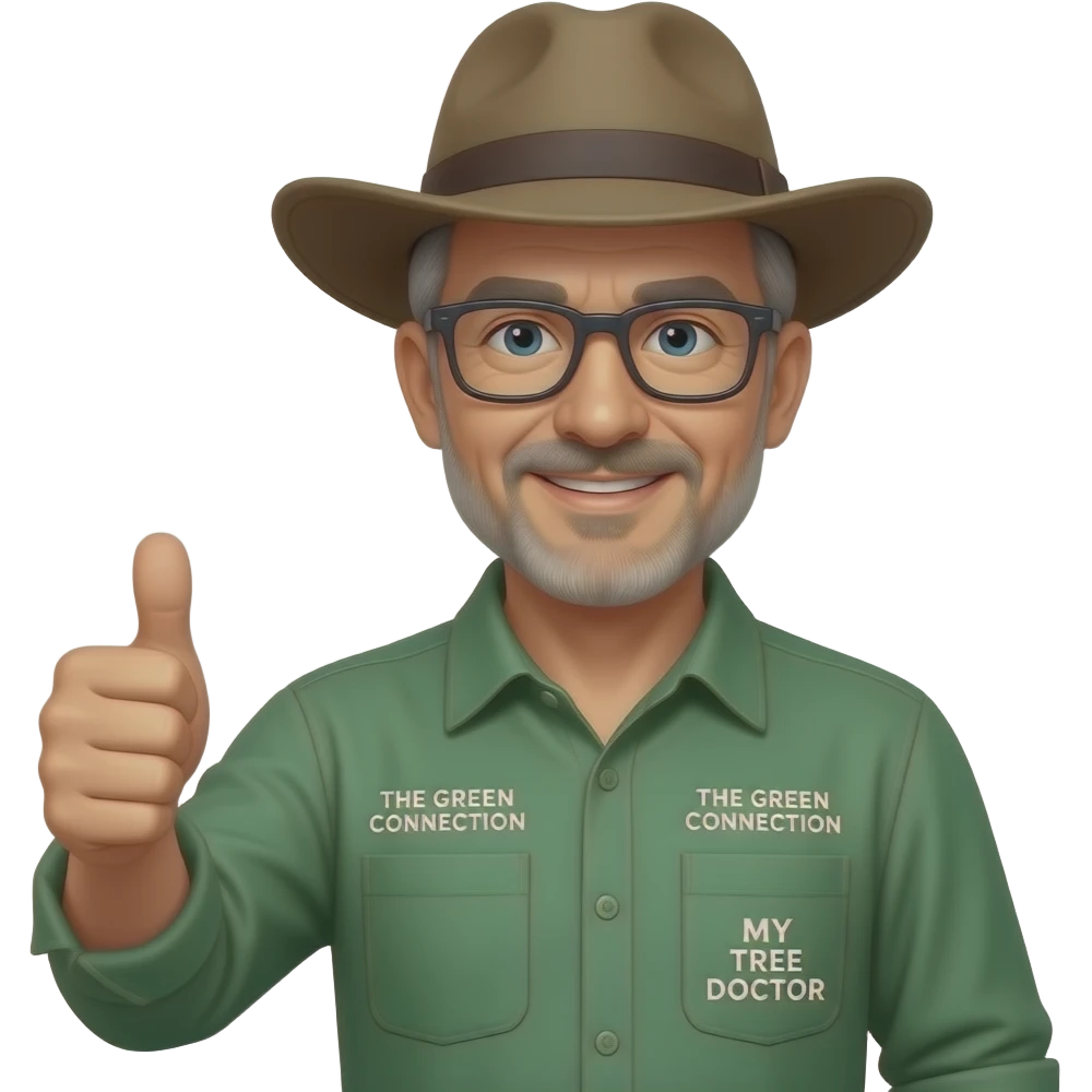 middle-aged man, flecks of grey hair & clean shaven. Dark-rimmed rectangle glasses, in a green-collared, long-sleeve shirt.  Flatter wide-brim Akubru hat. Giving a thumbs up. Insert 'THE GREEN CONNECTION' in white directly onto the left pocket & onto the right pocket, place 'MY TREE DOCTOR' emoji