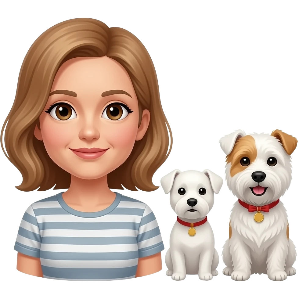 Middle age woman brown eyes , shoulder length light brown hair, with a female westie and a male westie emoji
