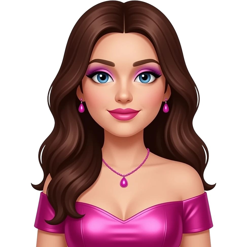 Chappell Roan, Pop Singer (b.1998) with blue eyes, long dark auburn hair, lavender eyeshadow, hot pink lipstick, hot pink metallic off shoulder dress, pink necklace and earrings emoji
