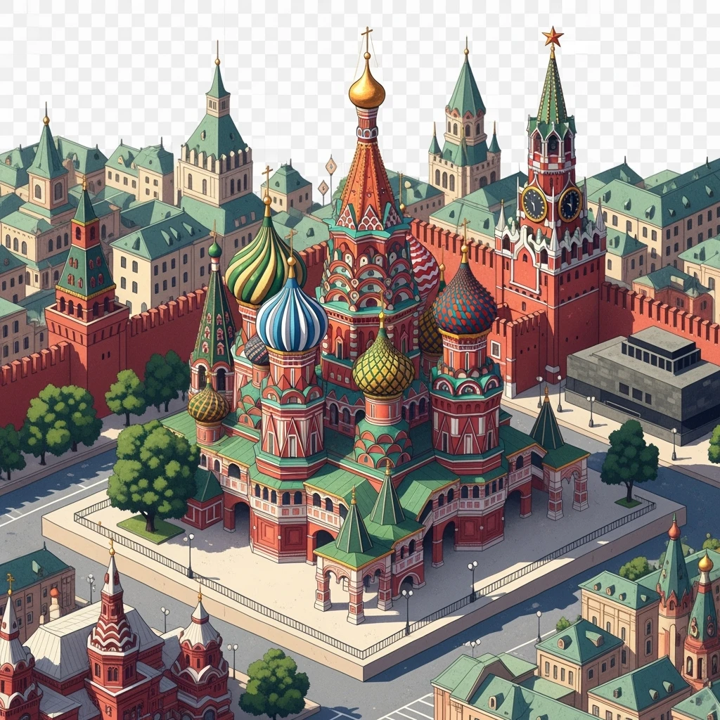 Isometric illustration of Moscow, featuring photorealistic Saint Basil's Cathedral with colorful onion domes, highly detailed in semi-realistic style, balanced between stylized and realistic, 3D miniature effect with a slight hand-painted touch - transparent background emoji