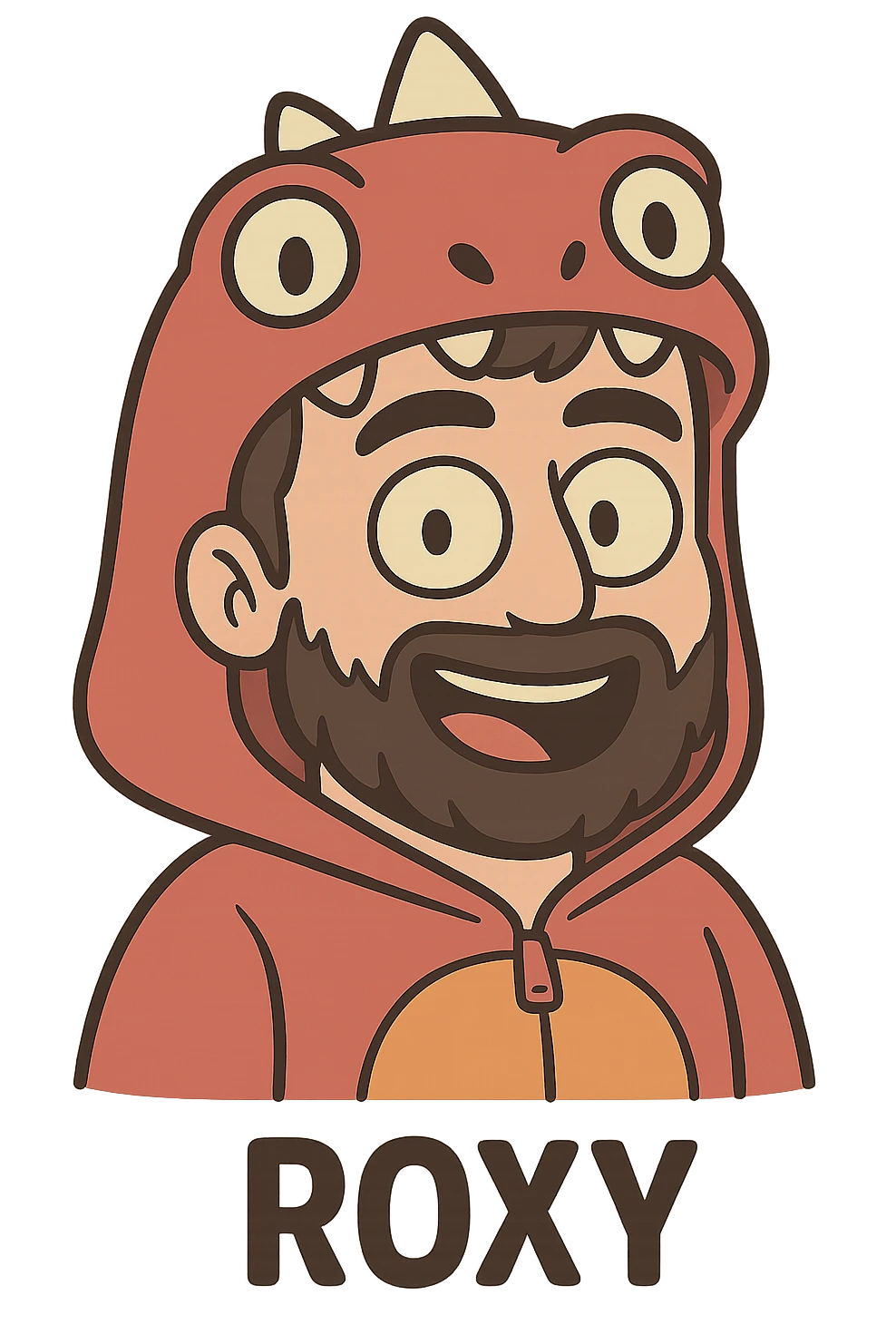 cartoon face of Roxy, red dinosaur onesie hood, dark hair, beard, same expression, same line style emoji