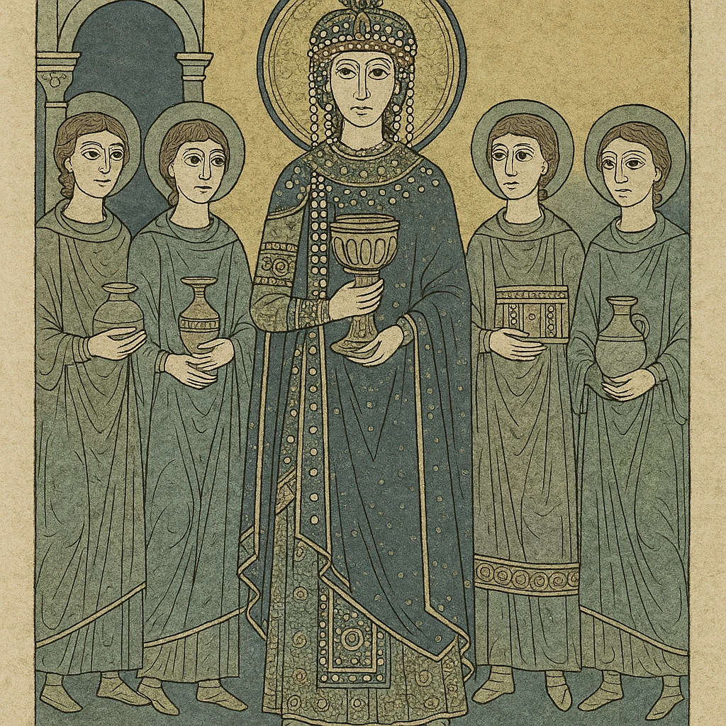 Empress Theodora in mosaic art style, full figure, standing in royal attire, surrounded by attendants, Byzantine church setting, rich colors emoji