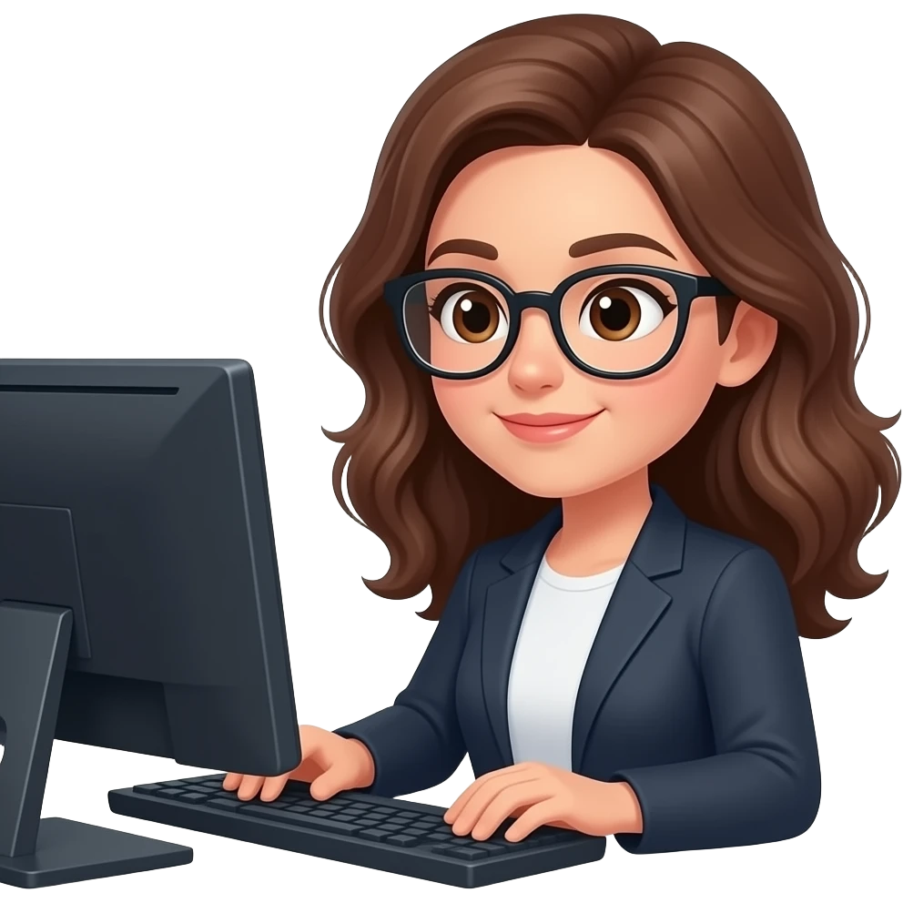 donna con occhiali che lavora al computer, capelli castani mossi, lunghezza media,occhi castani emoji