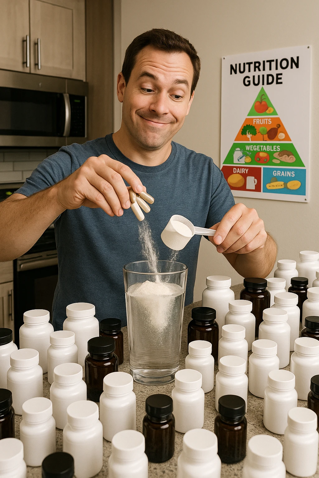 a man stands in his kitchen, enthusiastically pouring multiple supplement pills and powders into a large glass of water. The kitchen counter is cluttered with dozens of supplement bottles, and his expression is confident but slightly oblivious. In the background, a nutrition guide or food pyramid is ignored, highlighting his focus on supplements over balanced nutrition. emoji