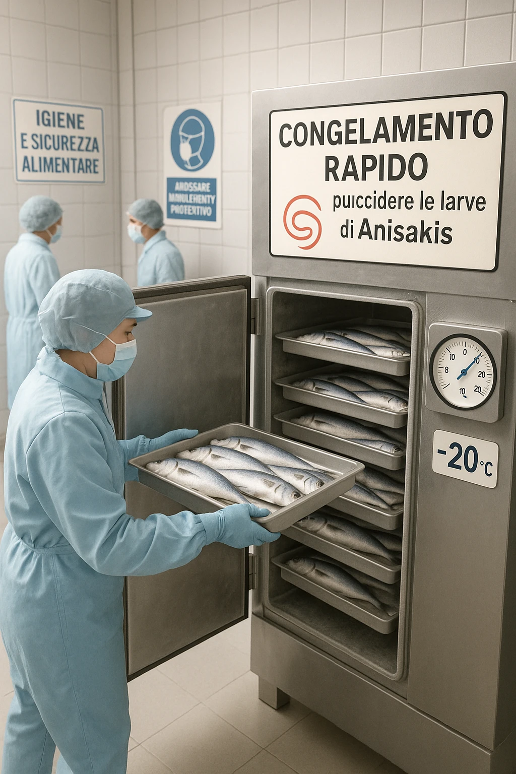 a fish processing facility where freshly caught fish are placed on trays and moved into a large industrial freezer. A temperature gauge shows -20°C, and an educational label explains that rapid freezing (abbattimento) is used to kill Anisakis larvae. The background includes workers in protective clothing and clear signage about food safety. in italiano emoji