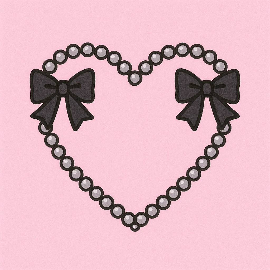 pastel goth heart with black bows and pearls, soft pink and black, cute gothic style emoji