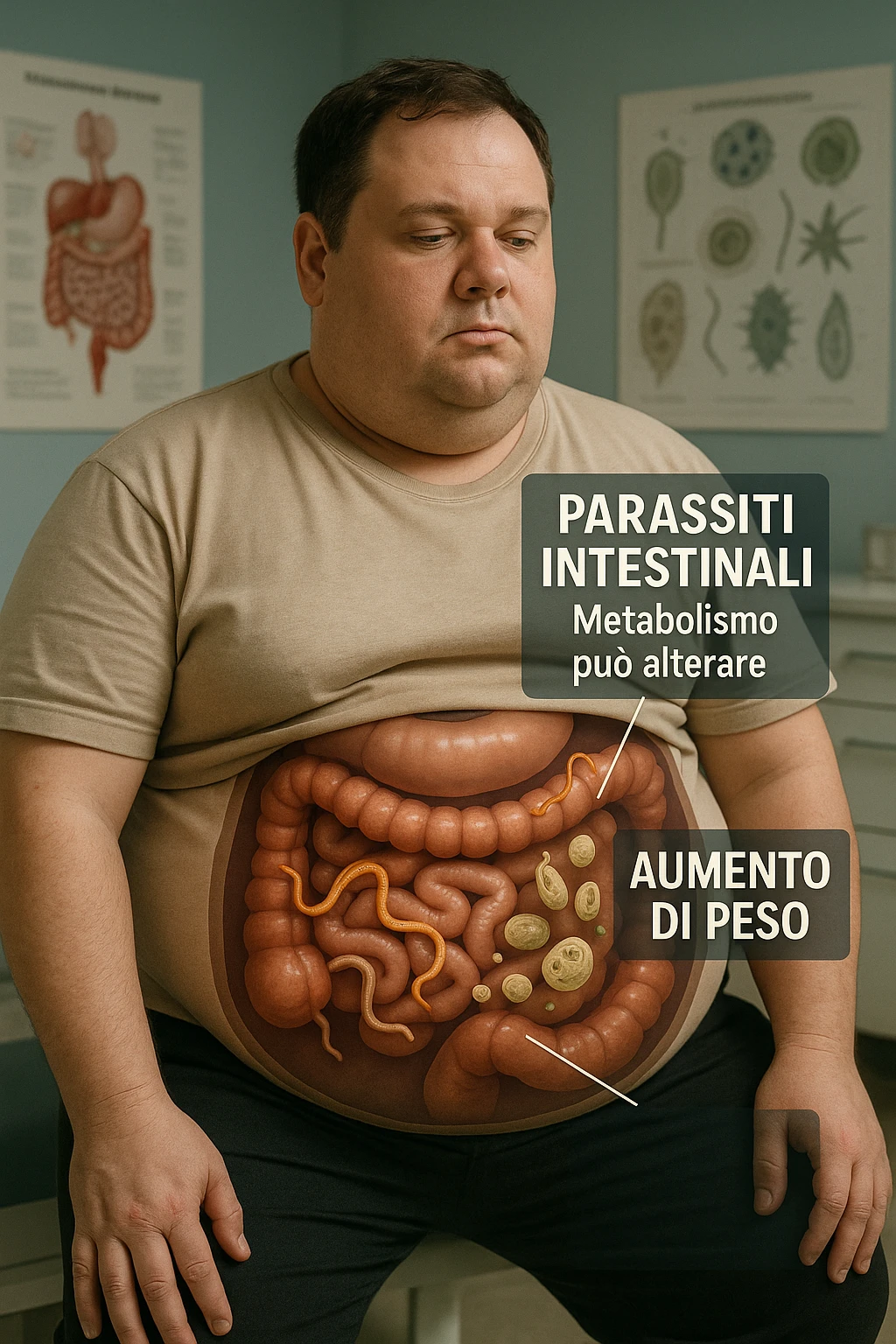 cinematic photo an overweight man is shown with a semi-transparent abdomen, highlighting the intestines filled with various types of parasites (such as worms or protozoa). Educational callouts explain how these parasites can disrupt metabolism and contribute to weight gain. The setting is a medical office, with charts and diagrams in the background. in italiano emoji