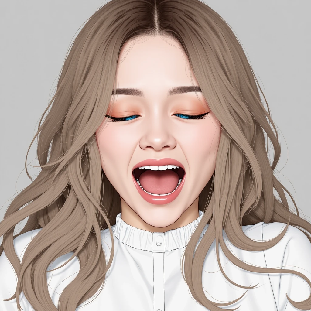 woman with long, slightly messy, lightbrown hair. in distress and pleasure. Unconscious. rolling eyes. open mouth and sluggish eyes.  blue eyes. make it very thot kim kardasian white seductive style clothing. emoji